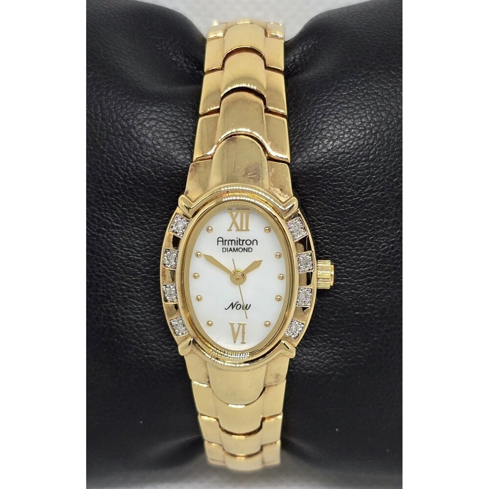Woman's Armitron Now Diamond Oval Gold Tone MOP Dial Bracelet Band Watch 09